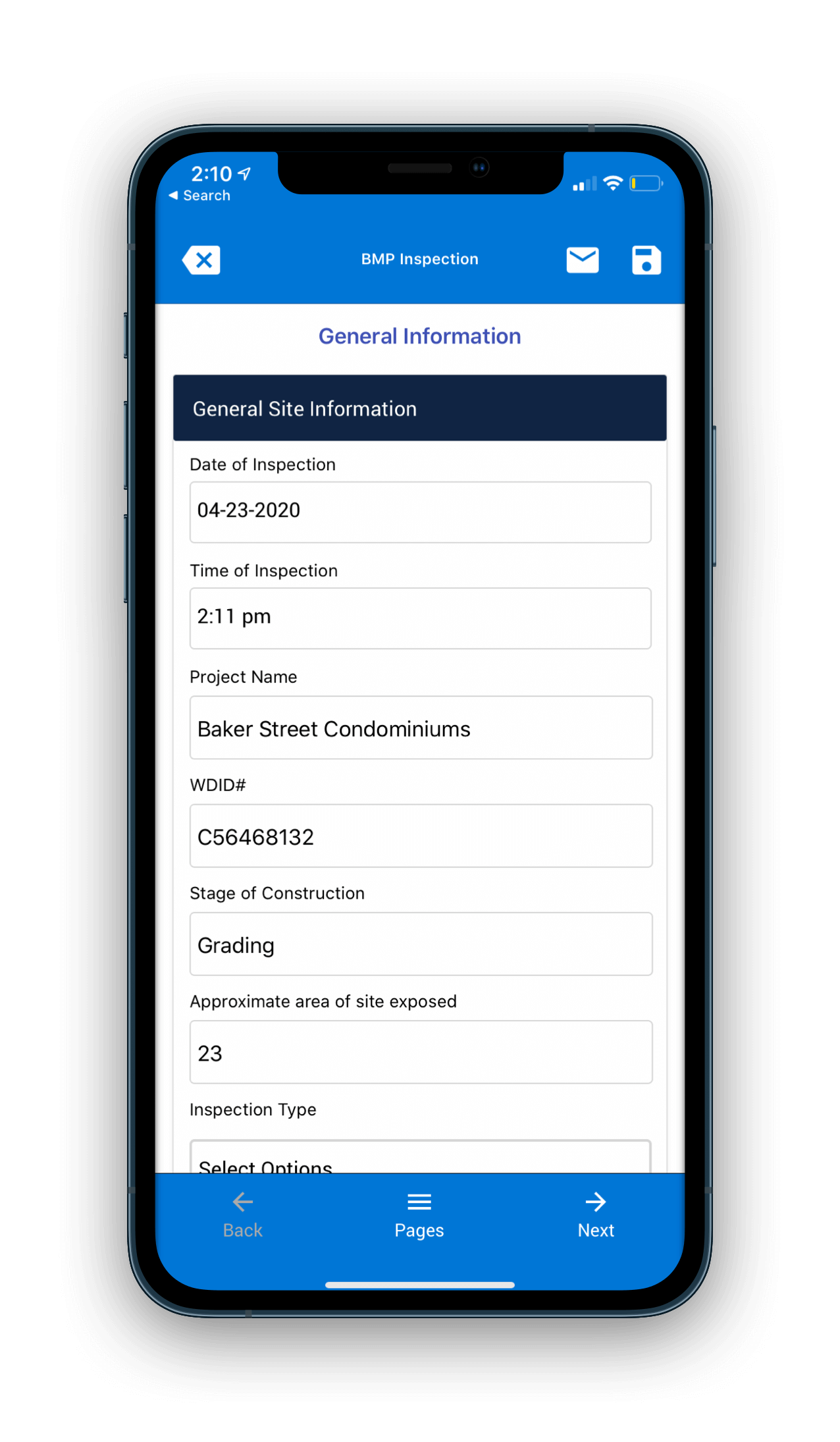 Screenshot of SWPPP inspection application on a mobile phone