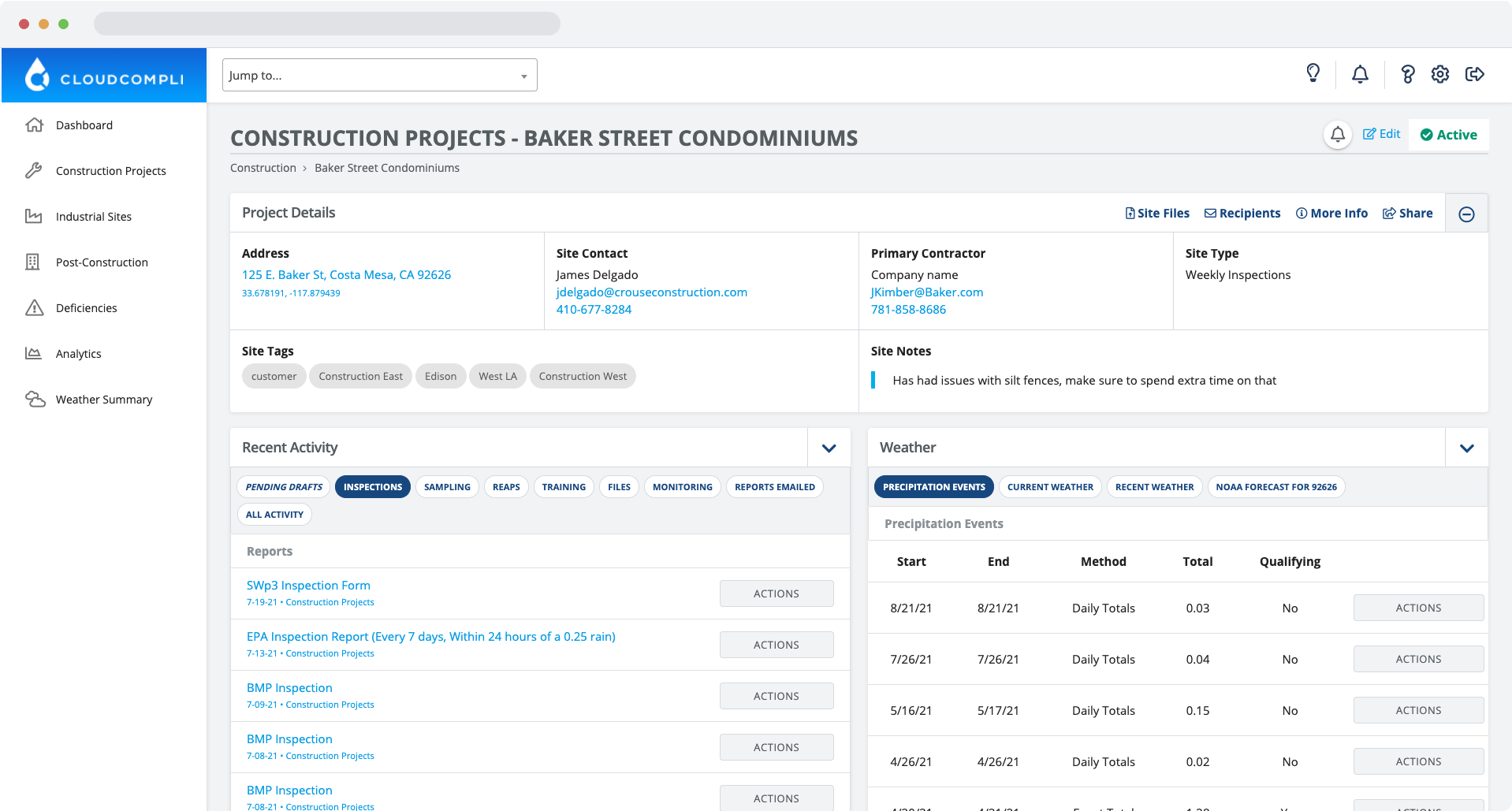 Screenshot of desktop CloudCompli dashboard showing project details and recent inspection activity