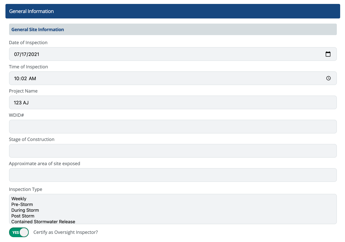 Screenshot of SWPPP Inspection software platform where users can enter inspection information