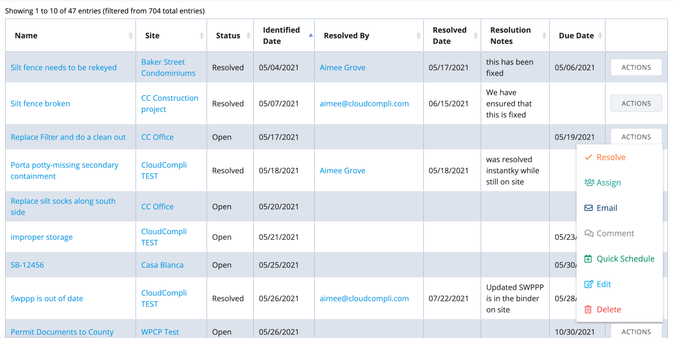 screenshot of a list of entries in the CloudCompli platform showing an action's name, site, status, date, and resolution notes